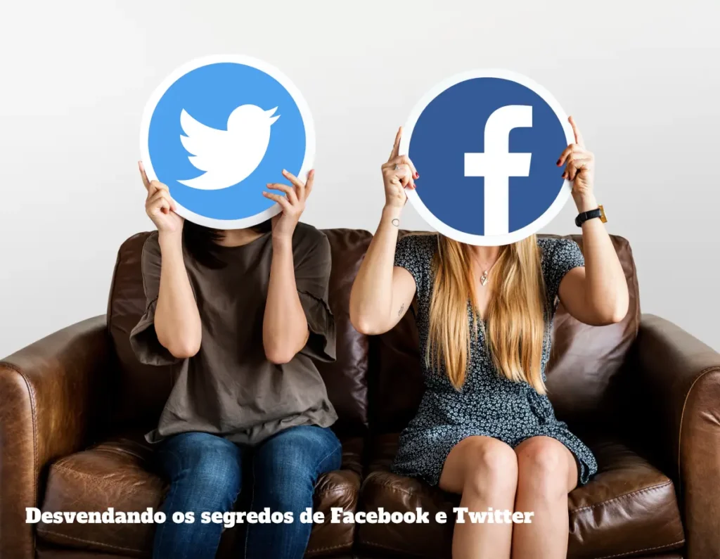 Dos personas sostienen logo de Twitter y facebook.