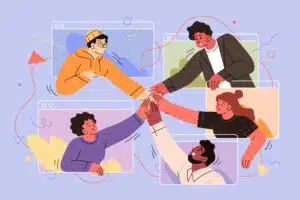 Una ilustración en colores de personas chocando los puños de forma amigable.